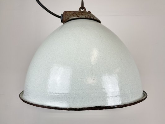 Industrial White Grey Enamel Factory Hanging Lamp with Cast Iron Top, 1960s-CGF-1364676