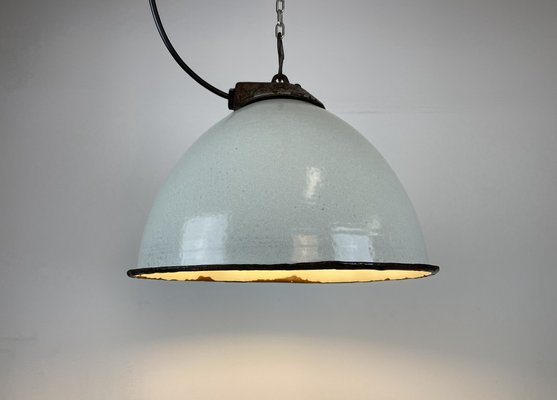 Industrial White Grey Enamel Factory Hanging Lamp with Cast Iron Top, 1960s-CGF-1364676