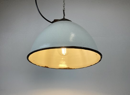 Industrial White Grey Enamel Factory Hanging Lamp with Cast Iron Top, 1960s-CGF-1364676