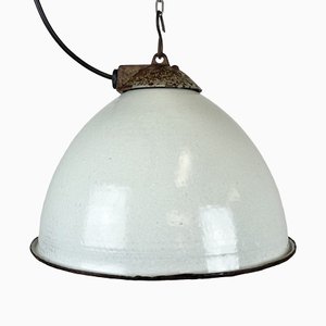 Industrial White Grey Enamel Factory Hanging Lamp with Cast Iron Top, 1960s-CGF-1364676