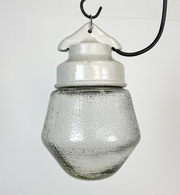 Industrial White Porcelain Pendant Light with Frosted Clear Glass, 1970s-CGF-1368585