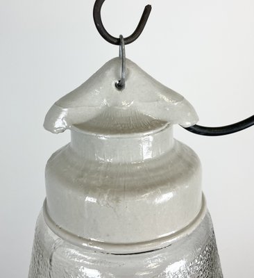 Industrial White Porcelain Pendant Light with Frosted Clear Glass, 1970s-CGF-1368585