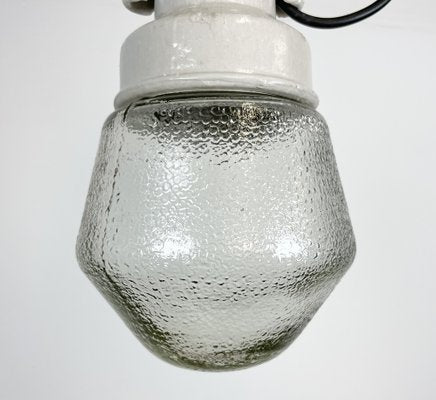 Industrial White Porcelain Pendant Light with Frosted Clear Glass, 1970s-CGF-1368585