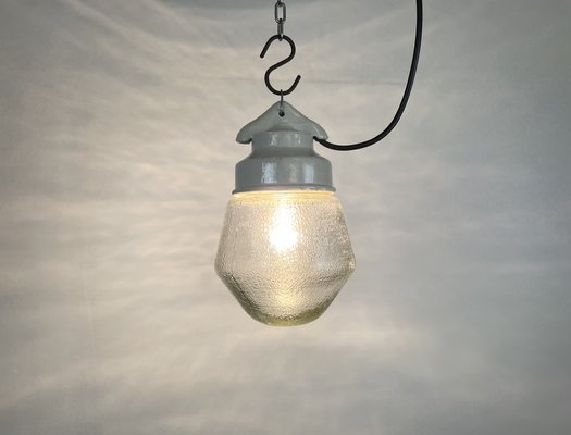 Industrial White Porcelain Pendant Light with Frosted Clear Glass, 1970s-CGF-1368585