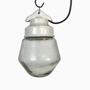 Industrial White Porcelain Pendant Light with Frosted Clear Glass, 1970s-CGF-1368585