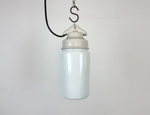 Industrial White Porcelain Pendant Light with Milk Glass, 1970s-CGF-1364675