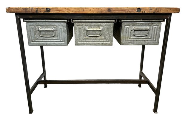 Industrial Worktable with Three Iron Drawers, 1960s-CGF-1438745