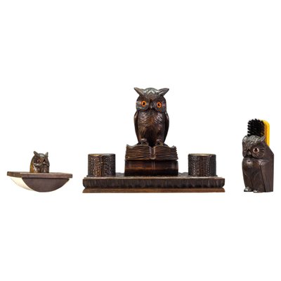 Inkwell Desk Set with Owl Figures in Hand-Carved Wood, 1930s, Set of 3-KEG-1086759