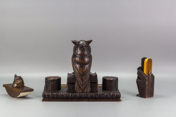 Inkwell Desk Set with Owl Figures in Hand-Carved Wood, 1930s, Set of 3-KEG-1086759