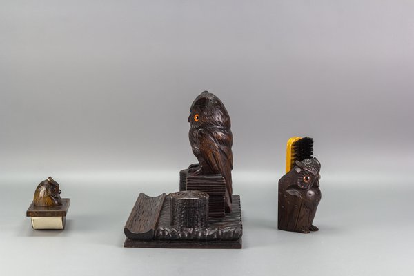 Inkwell Desk Set with Owl Figures in Hand-Carved Wood, 1930s, Set of 3-KEG-1086759