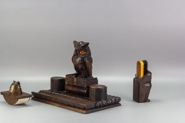 Inkwell Desk Set with Owl Figures in Hand-Carved Wood, 1930s, Set of 3-KEG-1086759