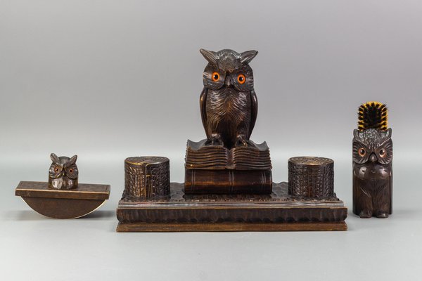 Inkwell Desk Set with Owl Figures in Hand-Carved Wood, 1930s, Set of 3-KEG-1086759