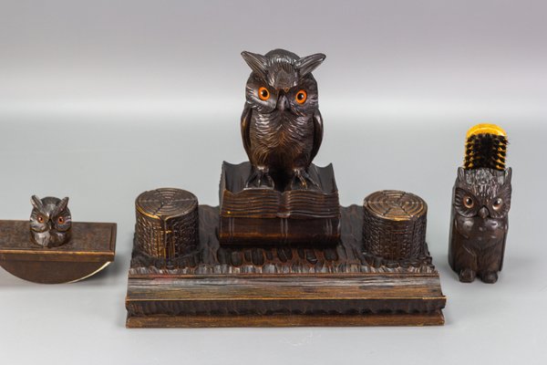 Inkwell Desk Set with Owl Figures in Hand-Carved Wood, 1930s, Set of 3-KEG-1086759