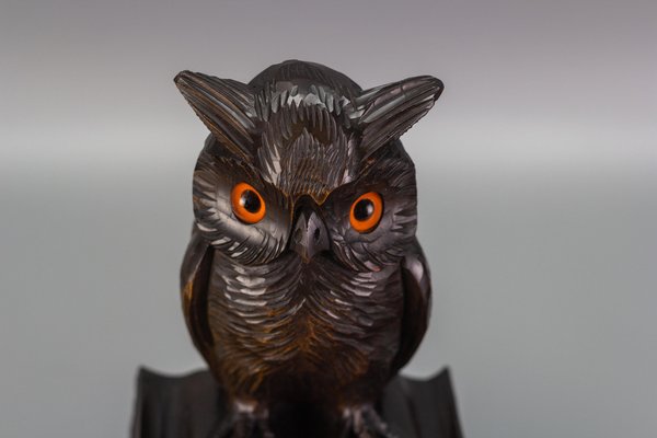 Inkwell Desk Set with Owl Figures in Hand-Carved Wood, 1930s, Set of 3-KEG-1086759