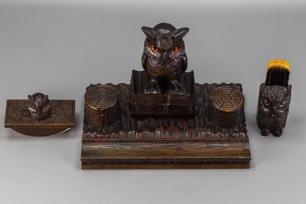 Inkwell Desk Set with Owl Figures in Hand-Carved Wood, 1930s, Set of 3-KEG-1086759