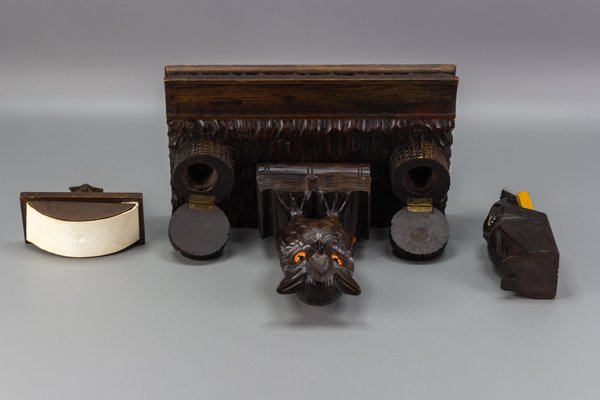 Inkwell Desk Set with Owl Figures in Hand-Carved Wood, 1930s, Set of 3-KEG-1086759