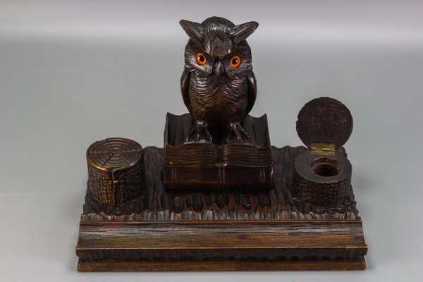 Inkwell Desk Set with Owl Figures in Hand-Carved Wood, 1930s, Set of 3-KEG-1086759