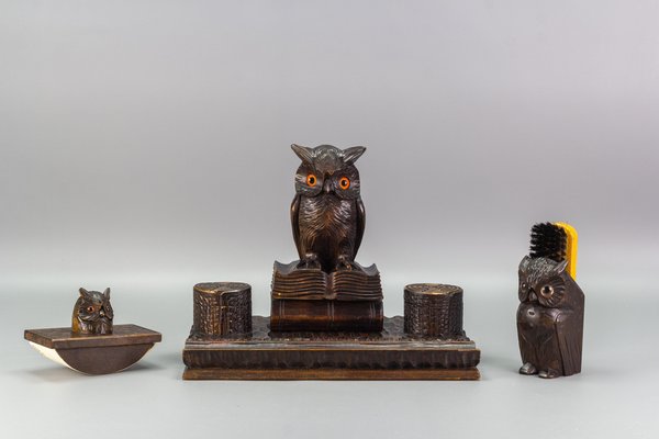 Inkwell Desk Set with Owl Figures in Hand-Carved Wood, 1930s, Set of 3-KEG-1086759