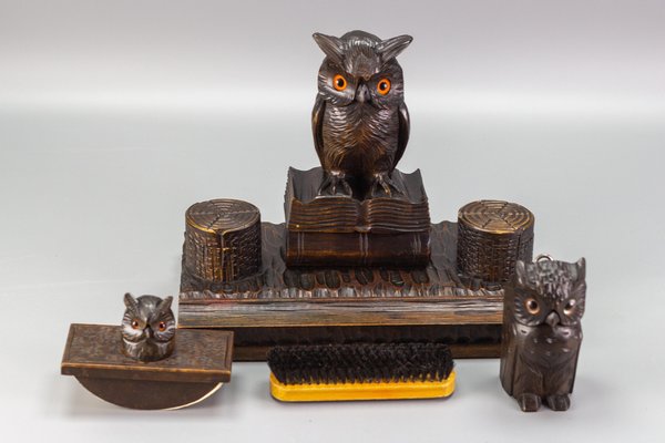 Inkwell Desk Set with Owl Figures in Hand-Carved Wood, 1930s, Set of 3-KEG-1086759