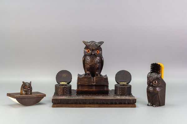 Inkwell Desk Set with Owl Figures in Hand-Carved Wood, 1930s, Set of 3-KEG-1086759