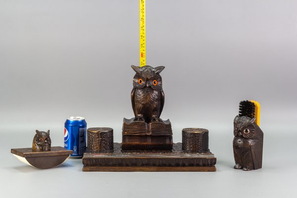 Inkwell Desk Set with Owl Figures in Hand-Carved Wood, 1930s, Set of 3-KEG-1086759