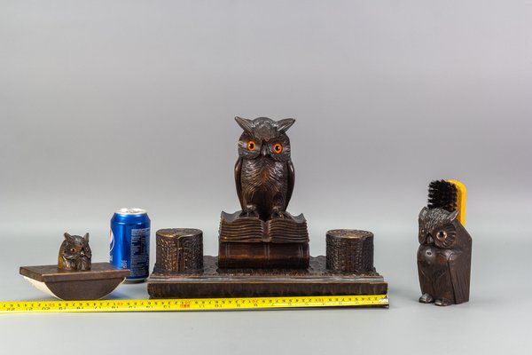 Inkwell Desk Set with Owl Figures in Hand-Carved Wood, 1930s, Set of 3-KEG-1086759