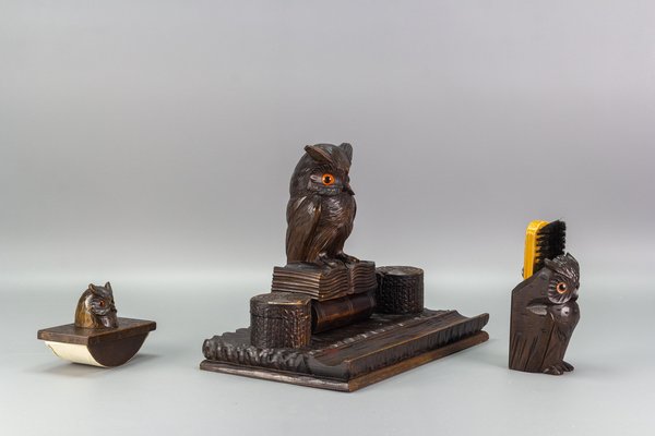 Inkwell Desk Set with Owl Figures in Hand-Carved Wood, 1930s, Set of 3-KEG-1086759