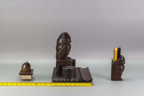 Inkwell Desk Set with Owl Figures in Hand-Carved Wood, 1930s, Set of 3-KEG-1086759