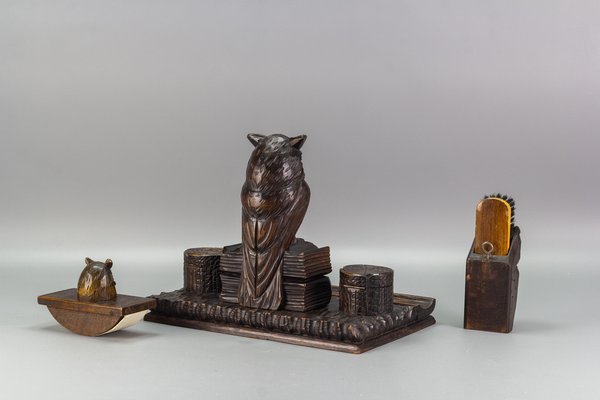 Inkwell Desk Set with Owl Figures in Hand-Carved Wood, 1930s, Set of 3-KEG-1086759