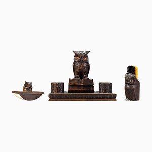 Inkwell Desk Set with Owl Figures in Hand-Carved Wood, 1930s, Set of 3-KEG-1086759