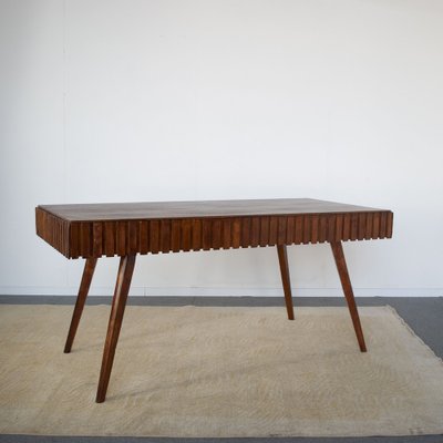 Inlaid and Worked Wooden Table attributed to the First Works attributed to Paolo Buffa Late 50s. The Table Present Two Hidden Drawers as Well as Being Contained Can Act as Extension, 1950s-JQO-1453846