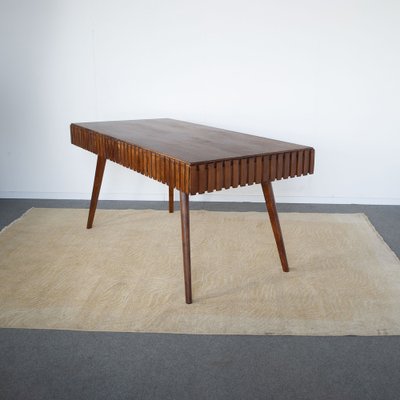 Inlaid and Worked Wooden Table attributed to the First Works attributed to Paolo Buffa Late 50s. The Table Present Two Hidden Drawers as Well as Being Contained Can Act as Extension, 1950s-JQO-1453846