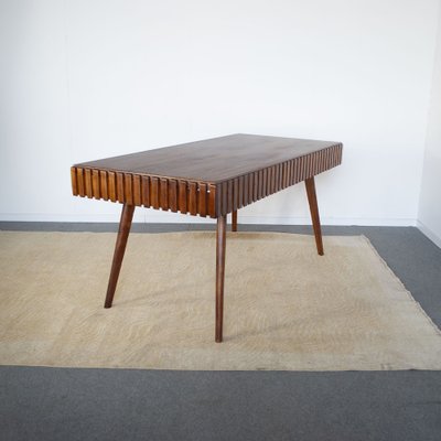 Inlaid and Worked Wooden Table attributed to the First Works attributed to Paolo Buffa Late 50s. The Table Present Two Hidden Drawers as Well as Being Contained Can Act as Extension, 1950s-JQO-1453846