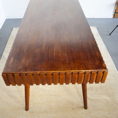 Inlaid and Worked Wooden Table attributed to the First Works attributed to Paolo Buffa Late 50s. The Table Present Two Hidden Drawers as Well as Being Contained Can Act as Extension, 1950s-JQO-1453846