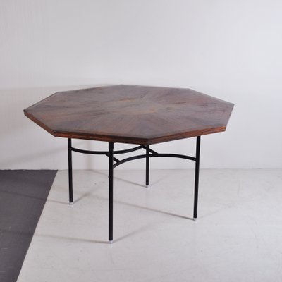 Inlaid Hexagonal Wooden Table with Tubular Metal Base, 1960s-JQO-1143629