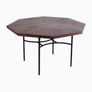 Inlaid Hexagonal Wooden Table with Tubular Metal Base, 1960s-JQO-1143629