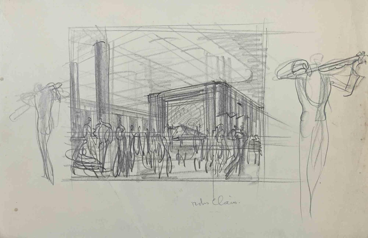 Interior During a Concert, Original Pencil Drawing, Early 20th-Century