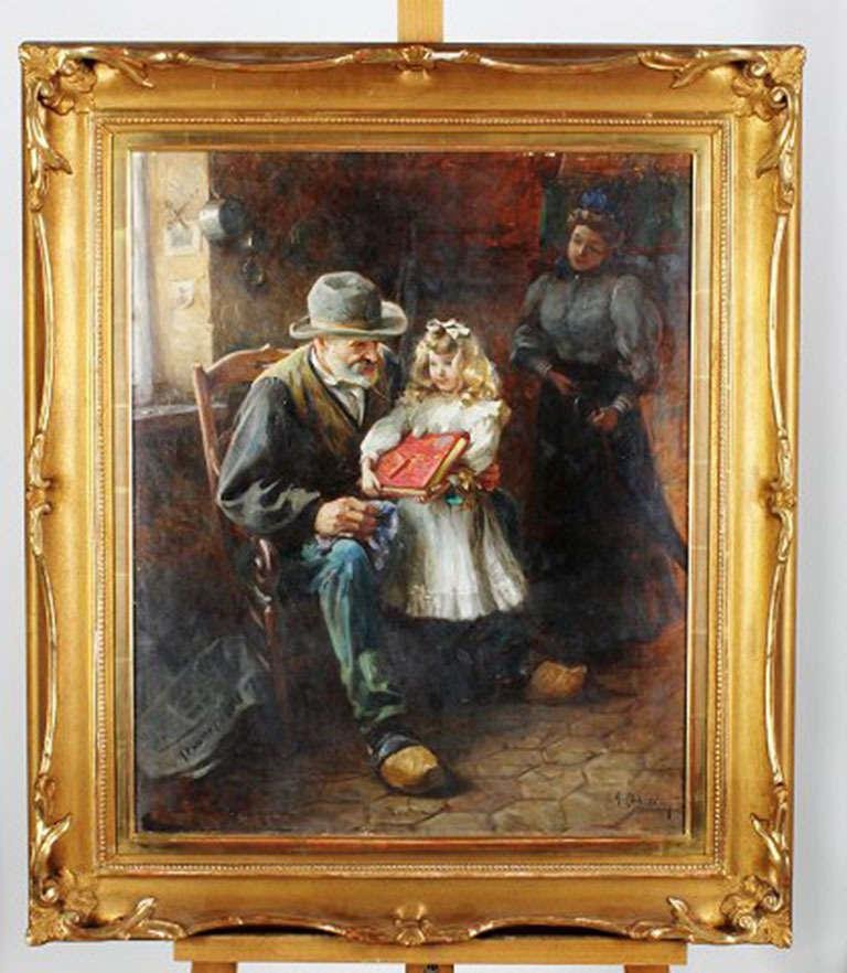 Interior Grandfather and Child Oil on Canvas, 1920s