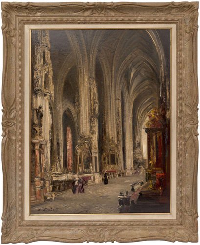 Interior of Cathedral of St. Stephanus, Oil on Board, 20th Century