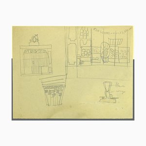 Interior of Grocery Store - Original French Pencil Drawing - Mid-20th Century-ZCI-899521