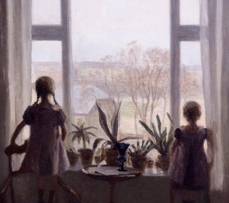 Interior Painting of Two Children Oil on Canvas, Carl V. Meyer-SA-636365