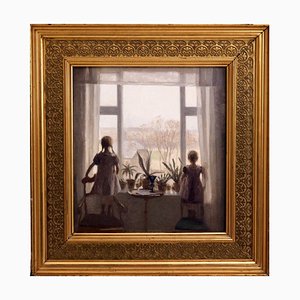 Interior Painting of Two Children Oil on Canvas, Carl V. Meyer-SA-636365