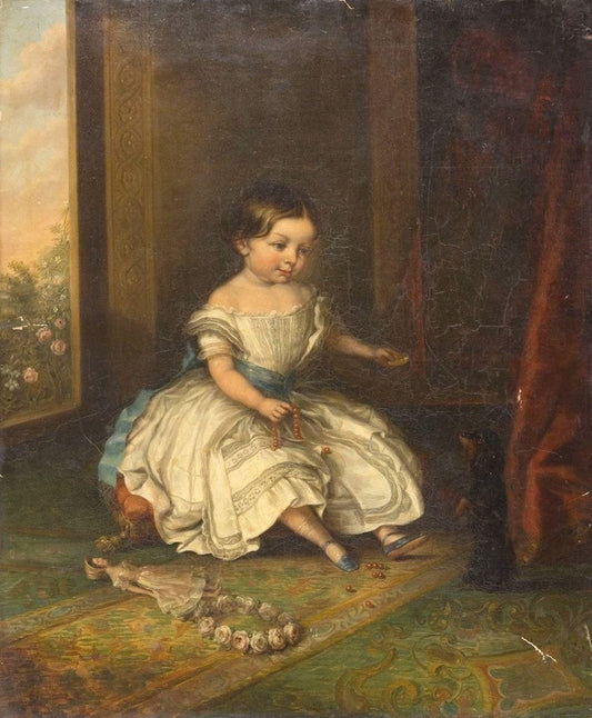 Interior Scene with Baby and Dog - Oil on Canvas by French Artist 19th Century 19th Century