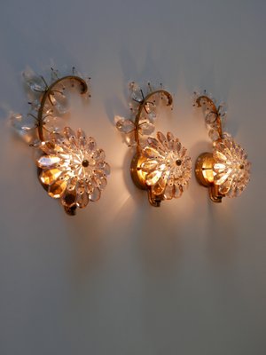 Iridescent Crystal Glass & Brass Flower Sconces from Palwa, 1960s, Set of 3-WPT-823241