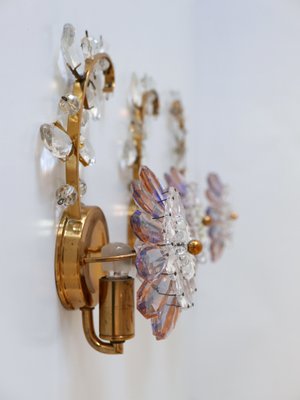 Iridescent Crystal Glass & Brass Flower Sconces from Palwa, 1960s, Set of 3-WPT-823241