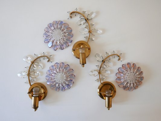 Iridescent Crystal Glass & Brass Flower Sconces from Palwa, 1960s, Set of 3-WPT-823241