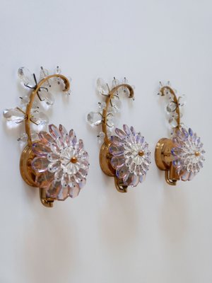 Iridescent Crystal Glass & Brass Flower Sconces from Palwa, 1960s, Set of 3-WPT-823241