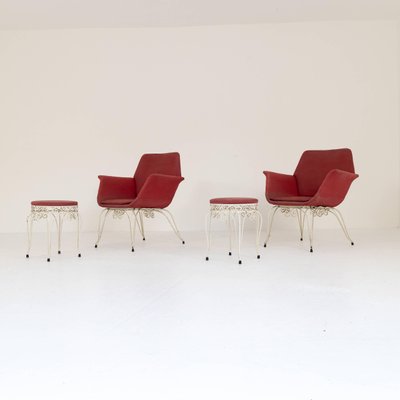 Iron and Fabric Armchairs and Poufs, 1950s, Set of 4-SXX-1731338