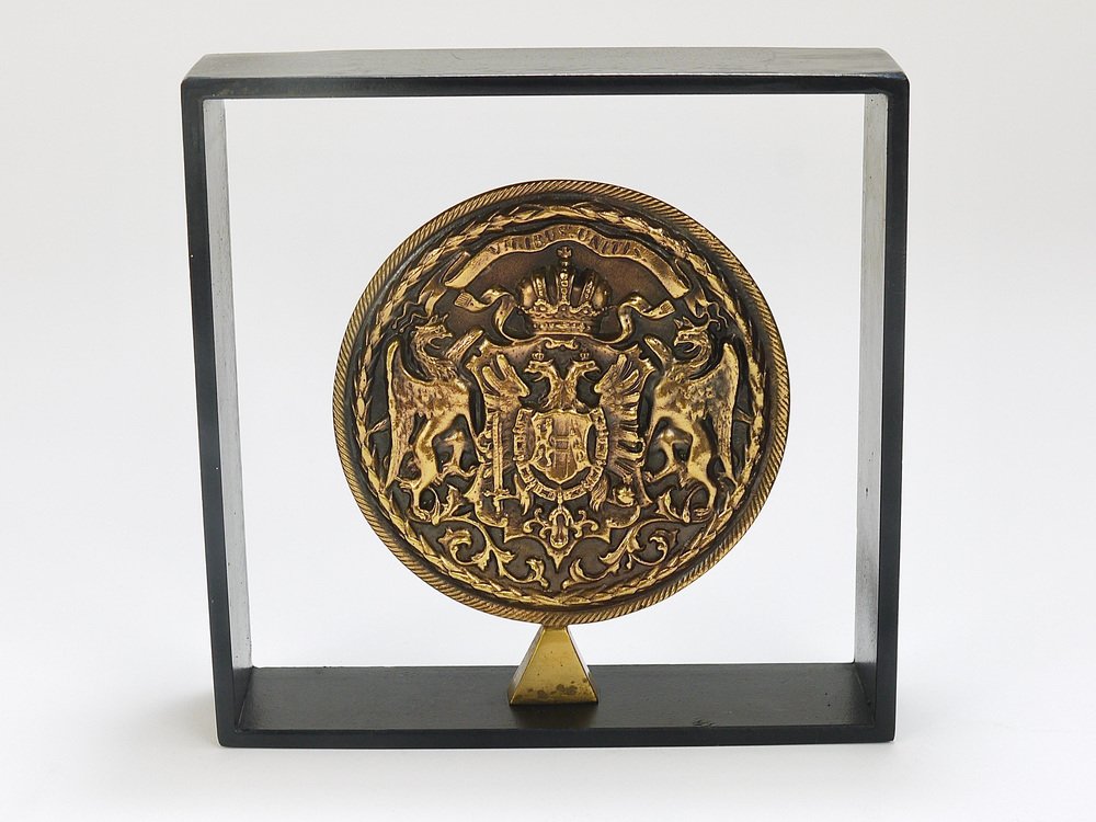 Iron & Brass Coin Medal Bookend attributed to Carl Auböck, Austria, 1970s