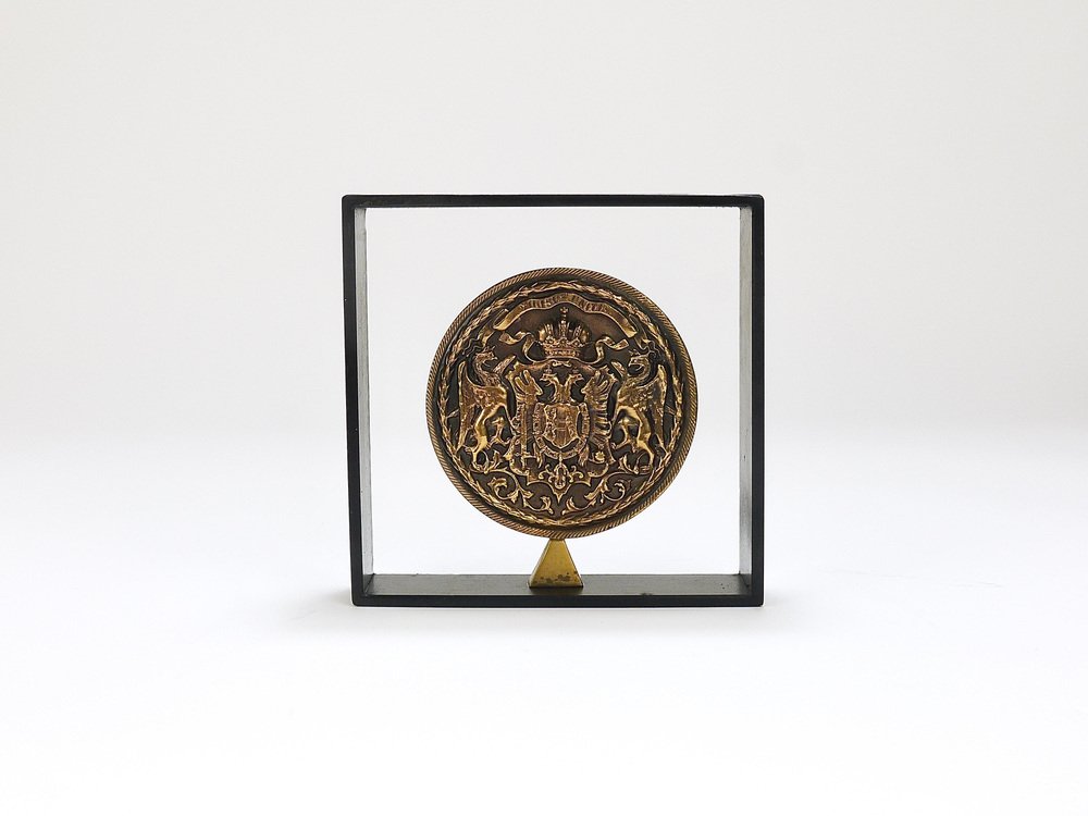 Iron & Brass Coin Medal Bookend attributed to Carl Auböck, Austria, 1970s